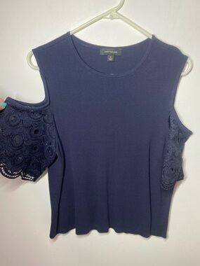 Ann Taylor Navy Cold-Shoulder Top with Lace Trim